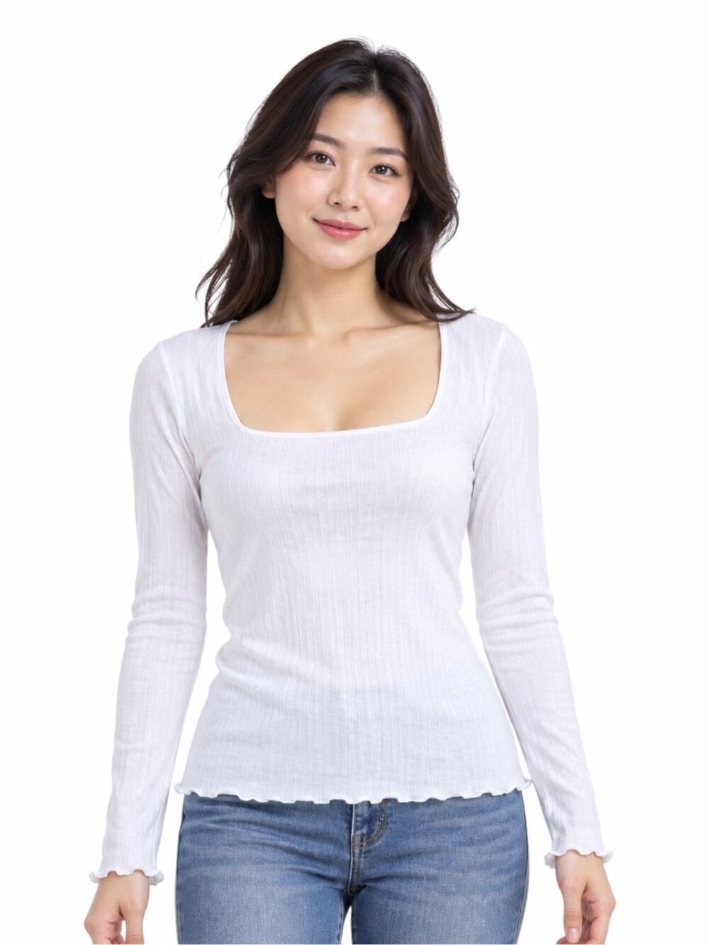LE LIS White Ribbed Square Neck Long Sleeve Top Medium